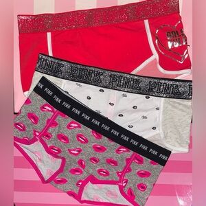 3 Victoria’s Secret PINK cotton Boyshort bundle Pink panties  sparkle bling lips